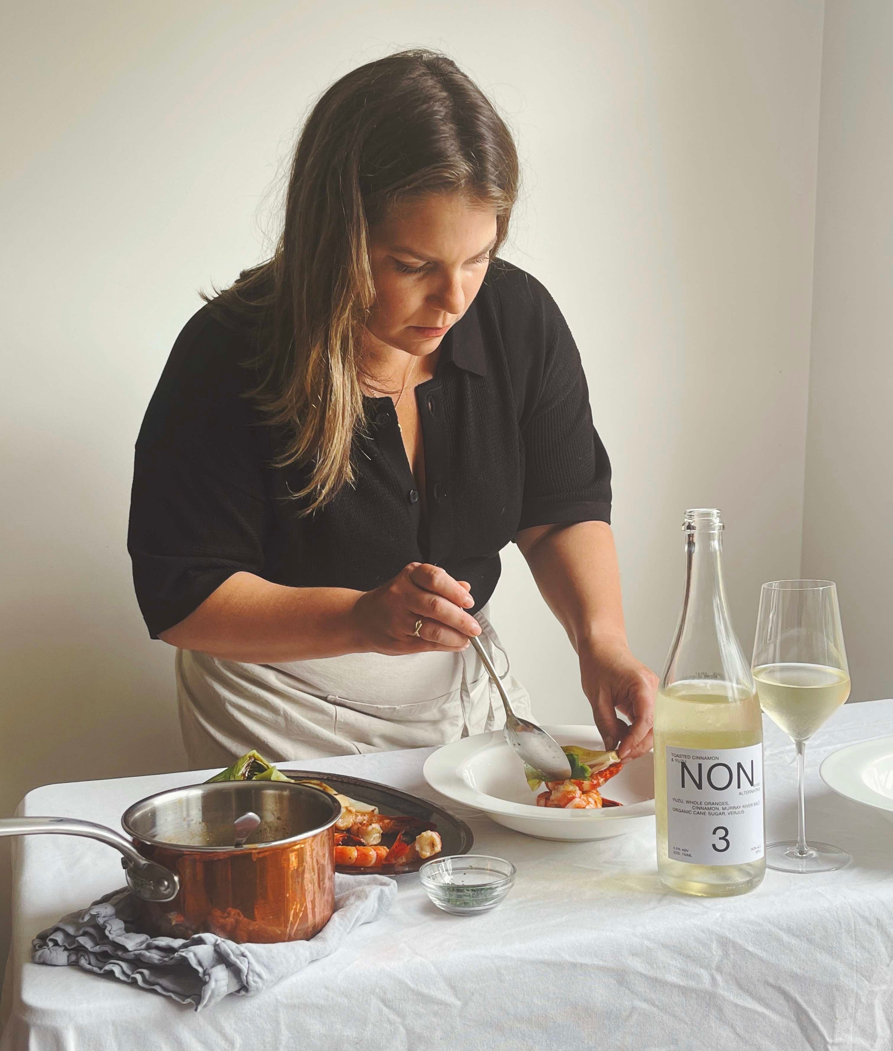 Danielle Alvarez's Grilled Prawns & Leeks with Seaweed Butter x NON3 Toasted Cinnamon & Yuzu Zero Alcoholic Wine Alternative.