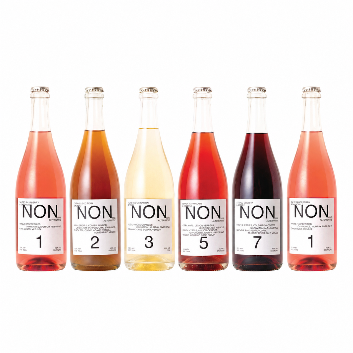 Six bottles of NON alcohol-free wine alternatives: two NON1, plus NON2, NON3, NON5 and NON7, on a white background.
